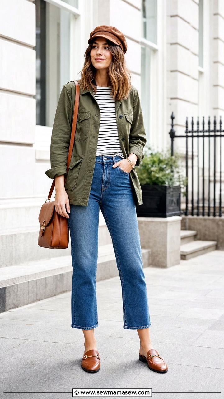 Utility jacket and cropped jeans with baker boy cap - 25 Spring outfits with hats
