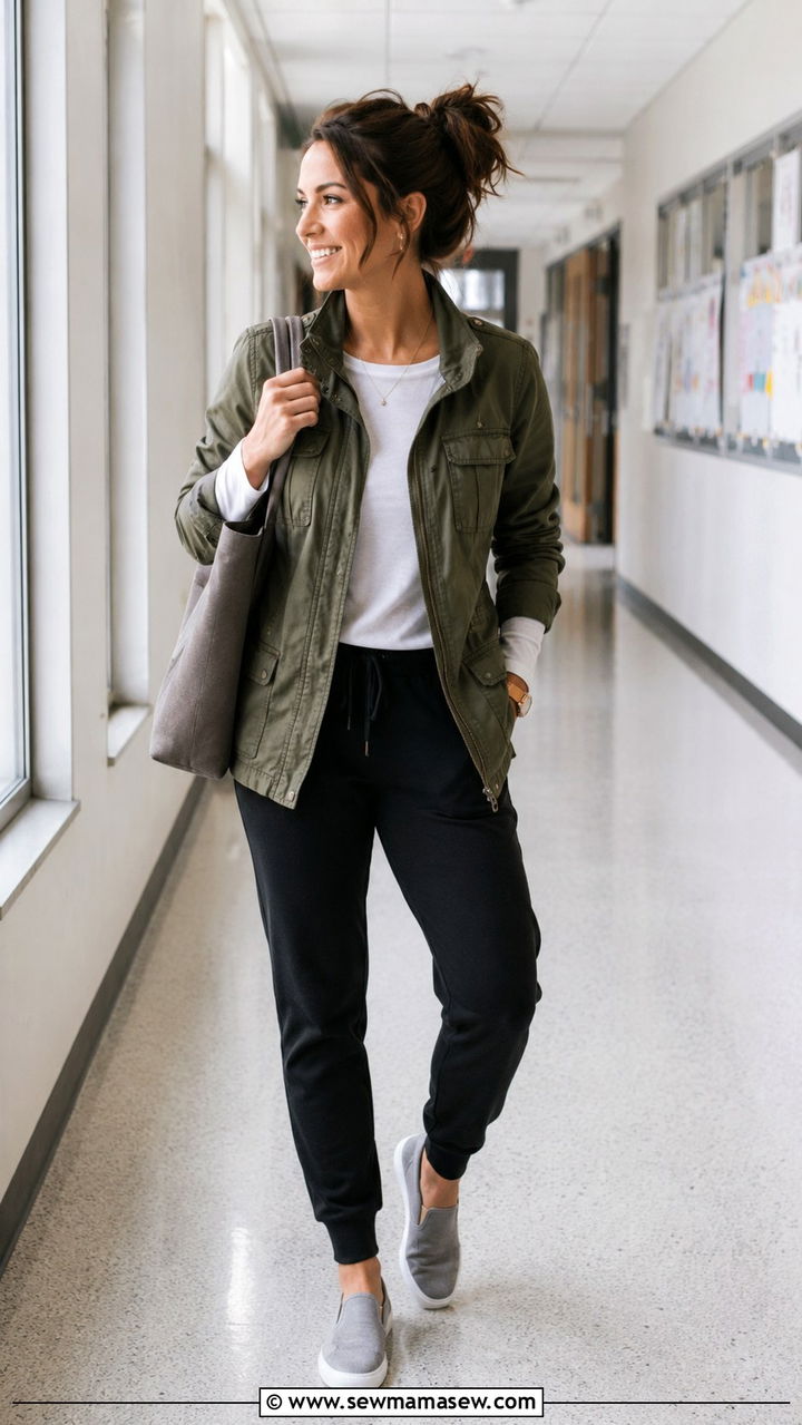 Utility jacket and knit joggers with slip on sneakers - 30 Middle school teacher outfit ideas