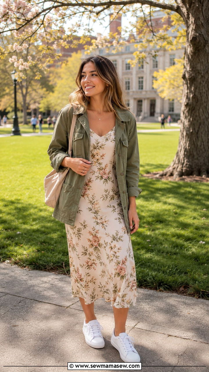 Utility jacket and slip dress outfit - 30 spring college outfit ideas
