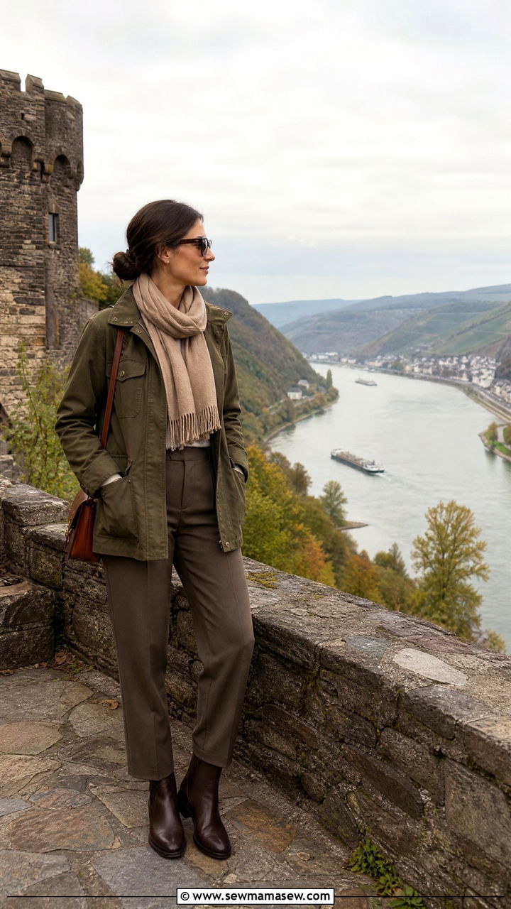 Utility jacket and tailored trousers outfit - 30 Rhine cruise outfit ideas