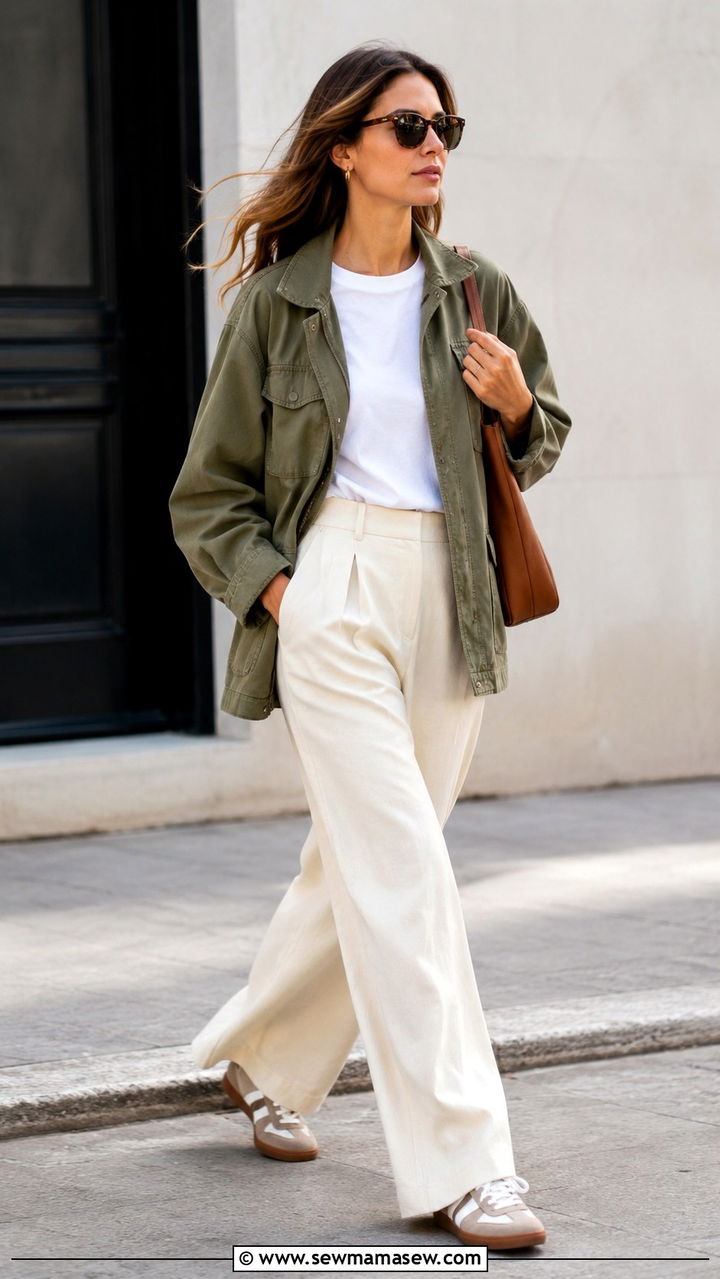 Utility jacket and wide leg trousers - 25 windy day outfits trends