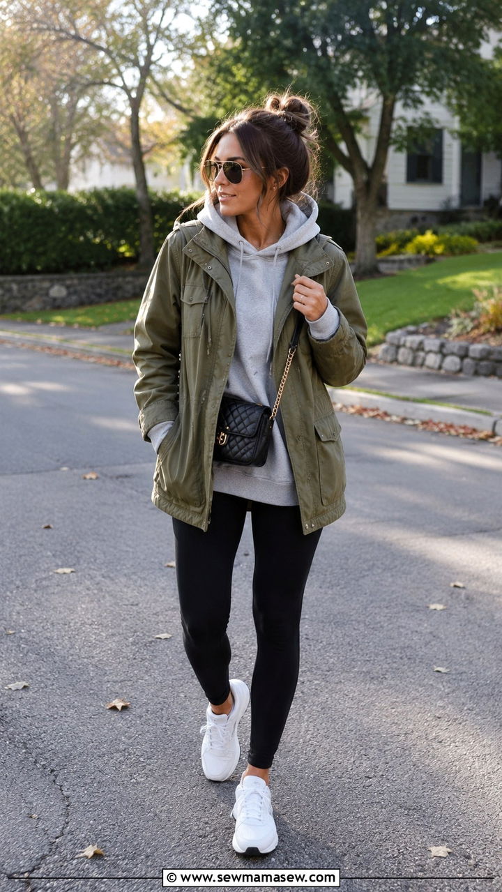 Utility jacket layered over a hoodie and leggings - 30 spring utility jacket outfit ideas