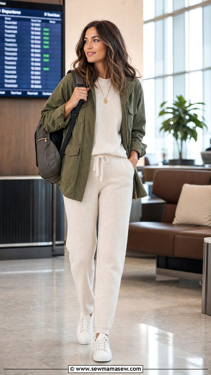 Utility jacket over a cream knit set - 25 Empty nester outfit ideas