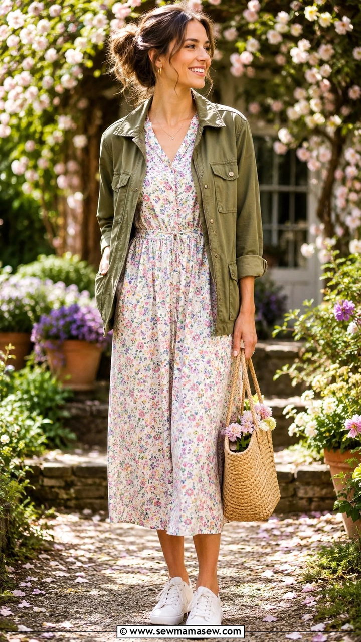 Utility jacket over a floral midi dress - 30 spring utility jacket outfit ideas