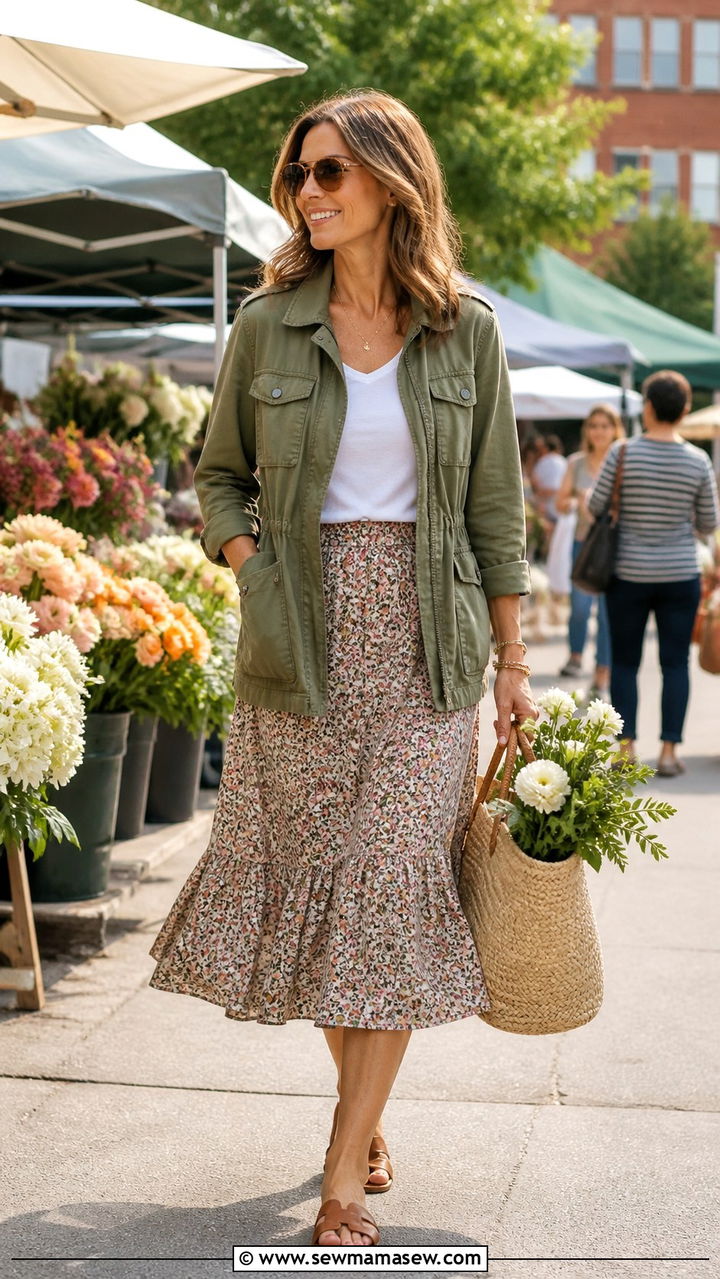 Utility jacket over a floral midi skirt spring outfit - 40 Spring outfit ideas for women over 40 2026