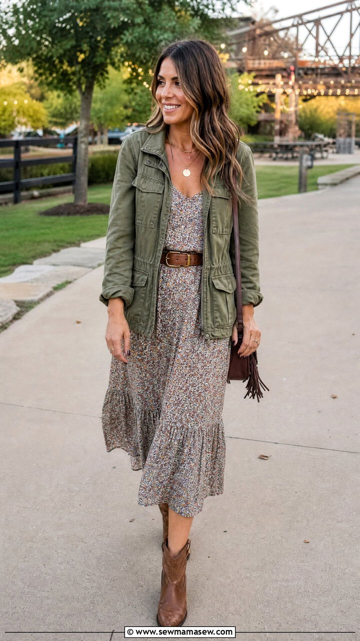 Utility jacket over a floral sundress for Morgan Wallen - 30 Morgan Wallen concert outfit ideas