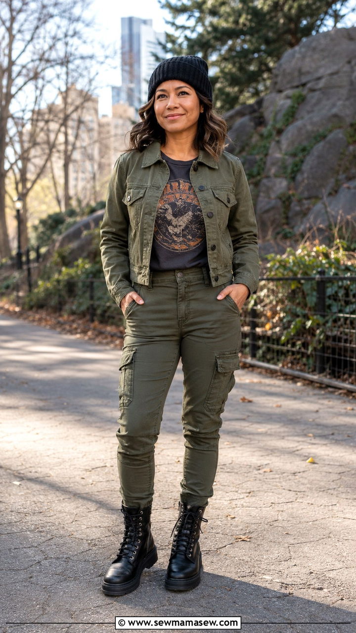 Utility jacket over a graphic tee with cargo pants and combat boots - 25 Petite outfit ideas for moms