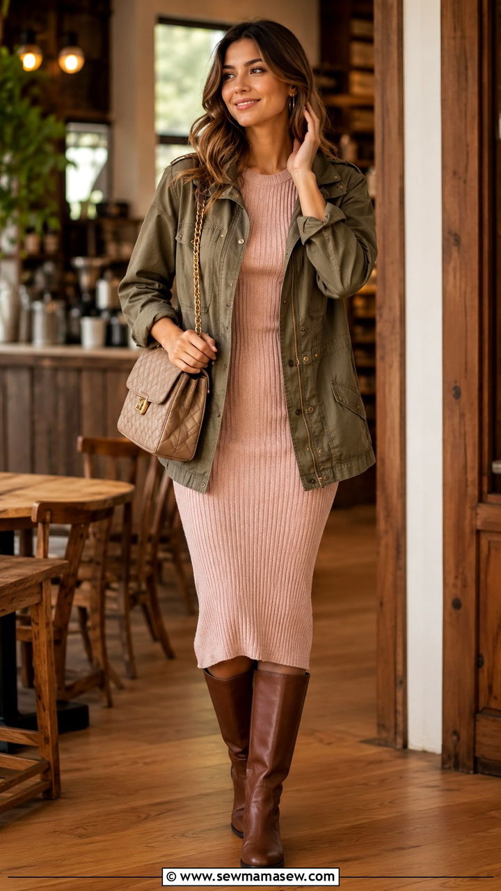Utility jacket over a knitted midi dress - 30 spring utility jacket outfit ideas