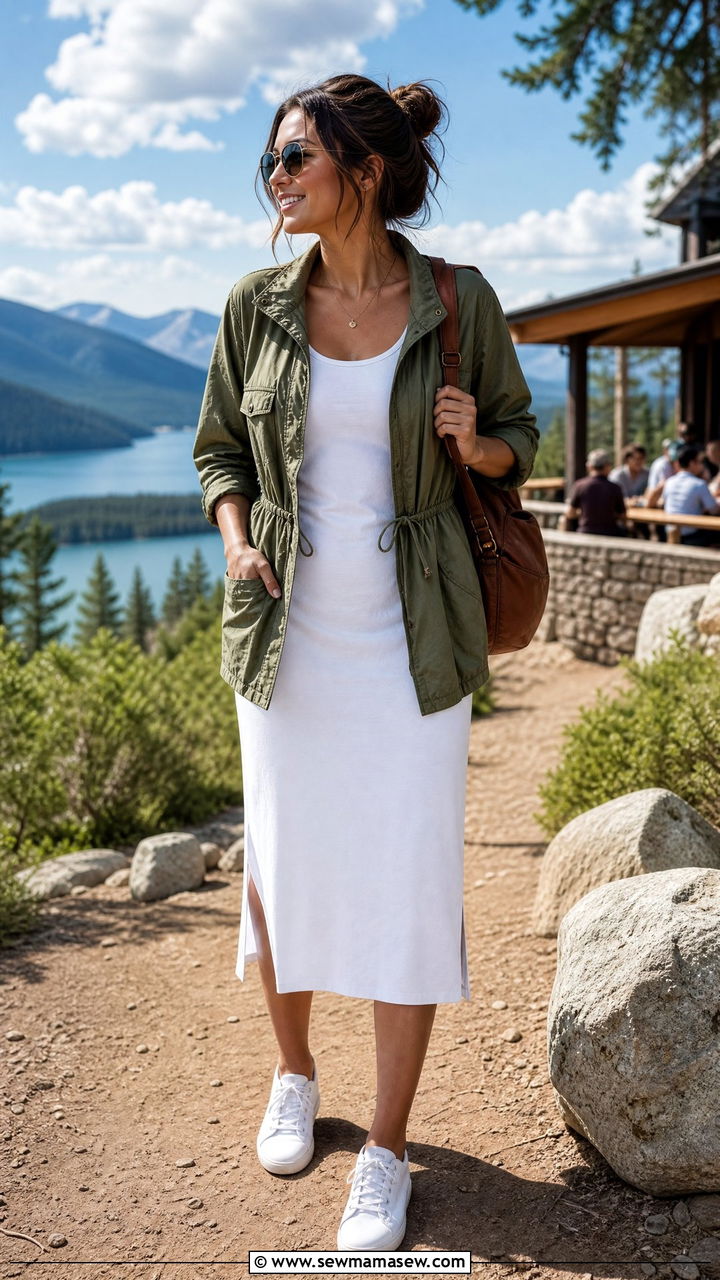 Utility jacket over a white midi dress for transitional weather - 35 Labor Day weekend outfit ideas