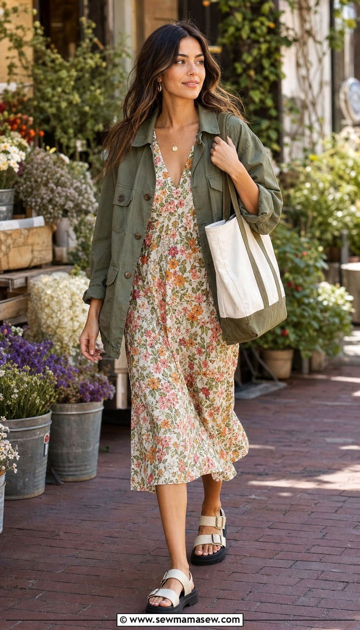 Utility jacket over floral dress outfit - 25 Spring outfits for big bust