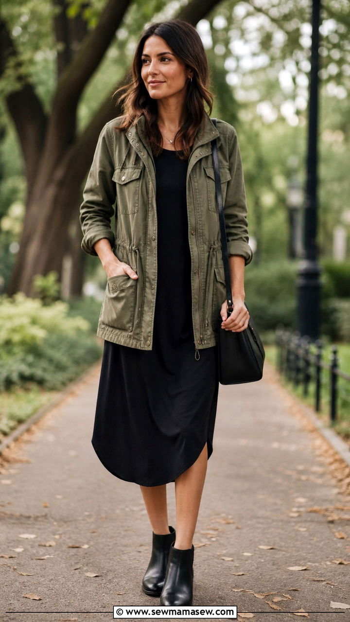 Utility jacket over midi dress outfit - 40 office outfits