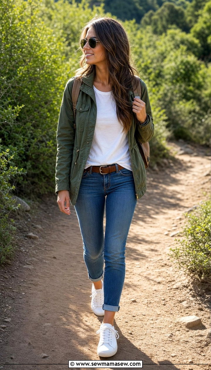 Utility jacket skinny jeans white sneakers outfit - 25 Skinny jeans outfit ideas with white sneakers