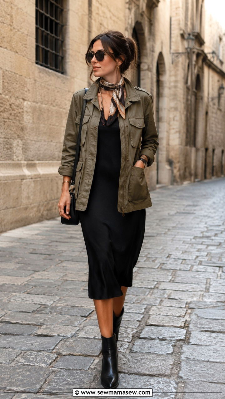 Utility jacket with a black midi dress and ankle boots - 30 spring city break outfit ideas