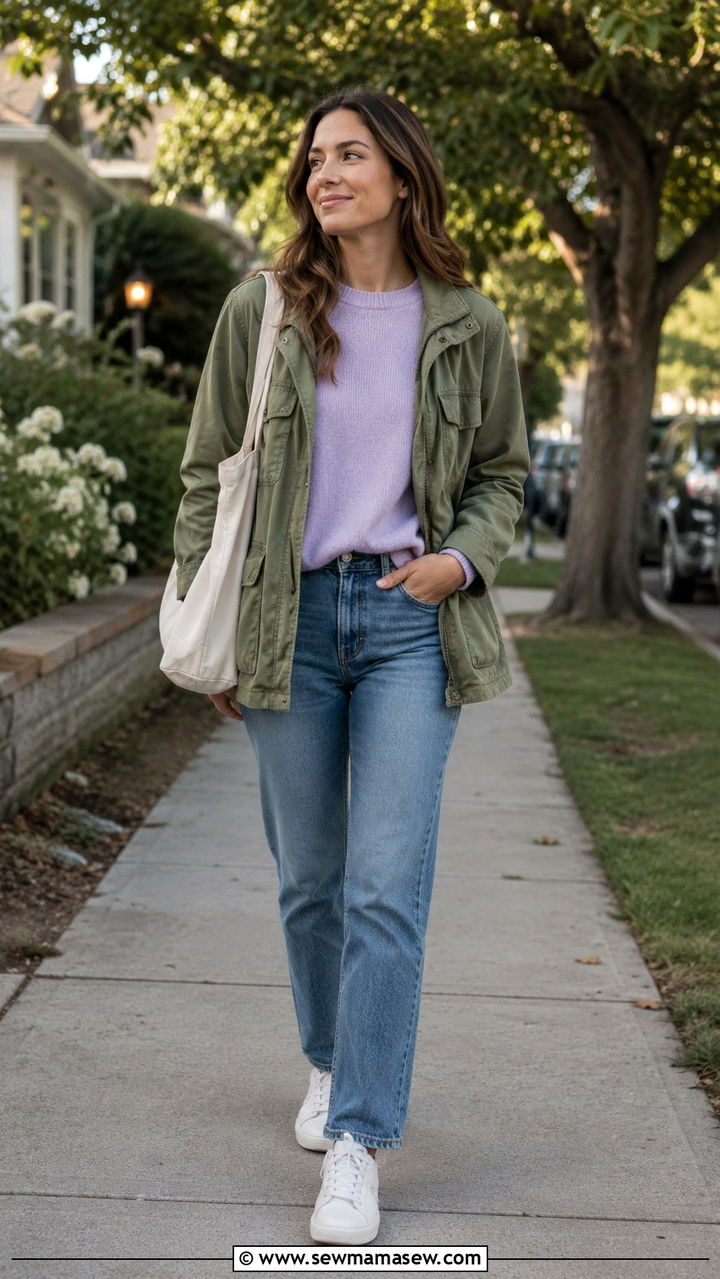 Utility jacket with a crewneck sweater and straight jeans - 30 spring utility jacket outfit ideas
