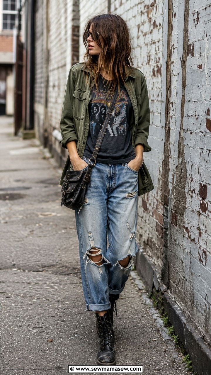 Utility jacket with a graphic tee and distressed denim - 30 spring utility jacket outfit ideas