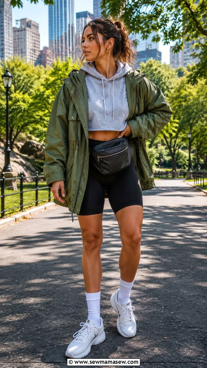 Utility jacket with a hoodie and bike shorts - 30 spring utility jacket outfit ideas