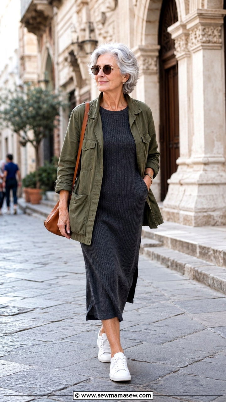 Utility jacket with a knit dress - 30 Outfit ideas for women over 70 casual 2026