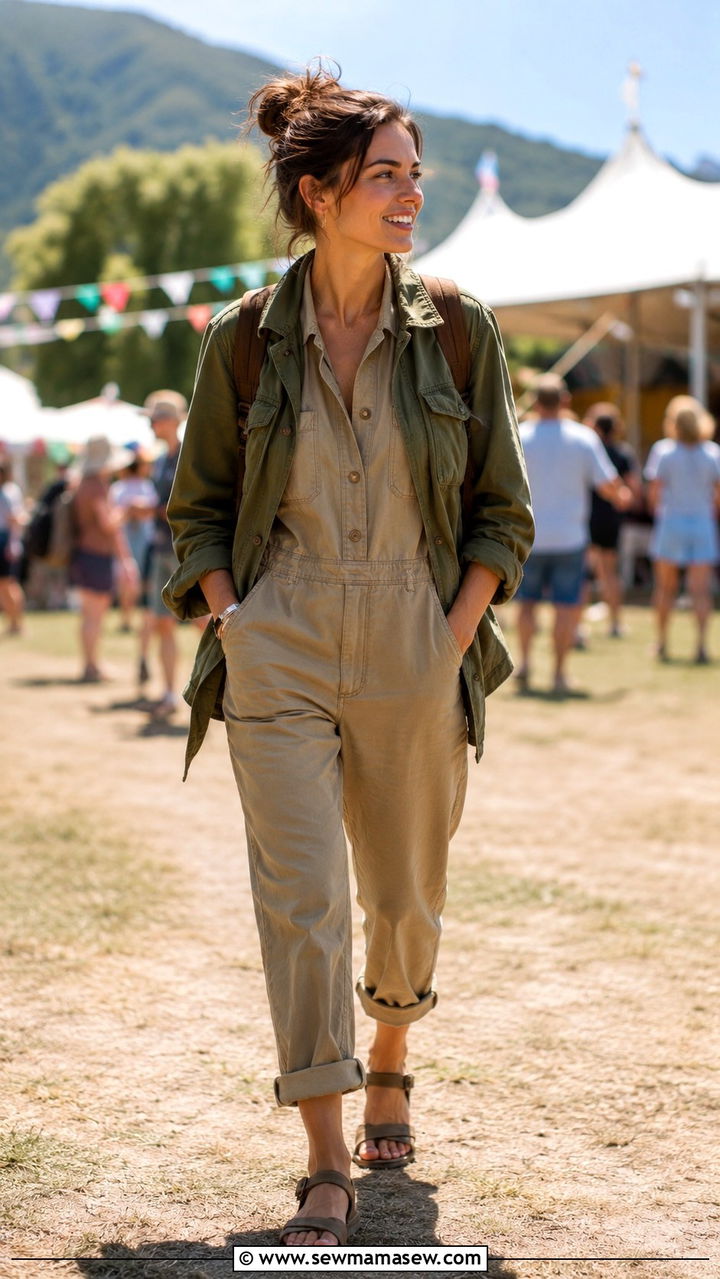 Utility jacket with a playsuit or boilersuit - 30 spring utility jacket outfit ideas