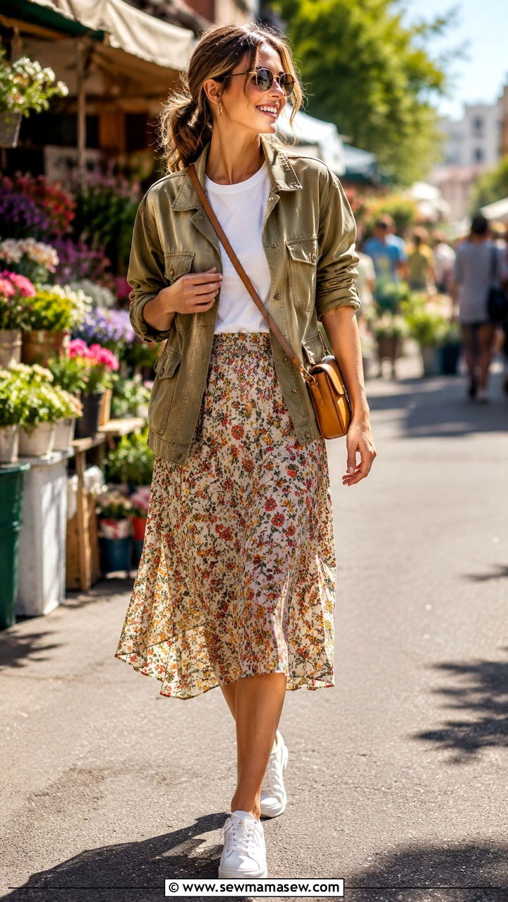 Utility jacket with a printed midi skirt - 30 spring utility jacket outfit ideas
