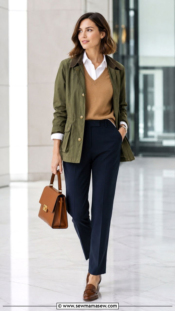 Utility jacket with a sleeveless sweater and tailored trousers - 30 spring utility jacket outfit ideas