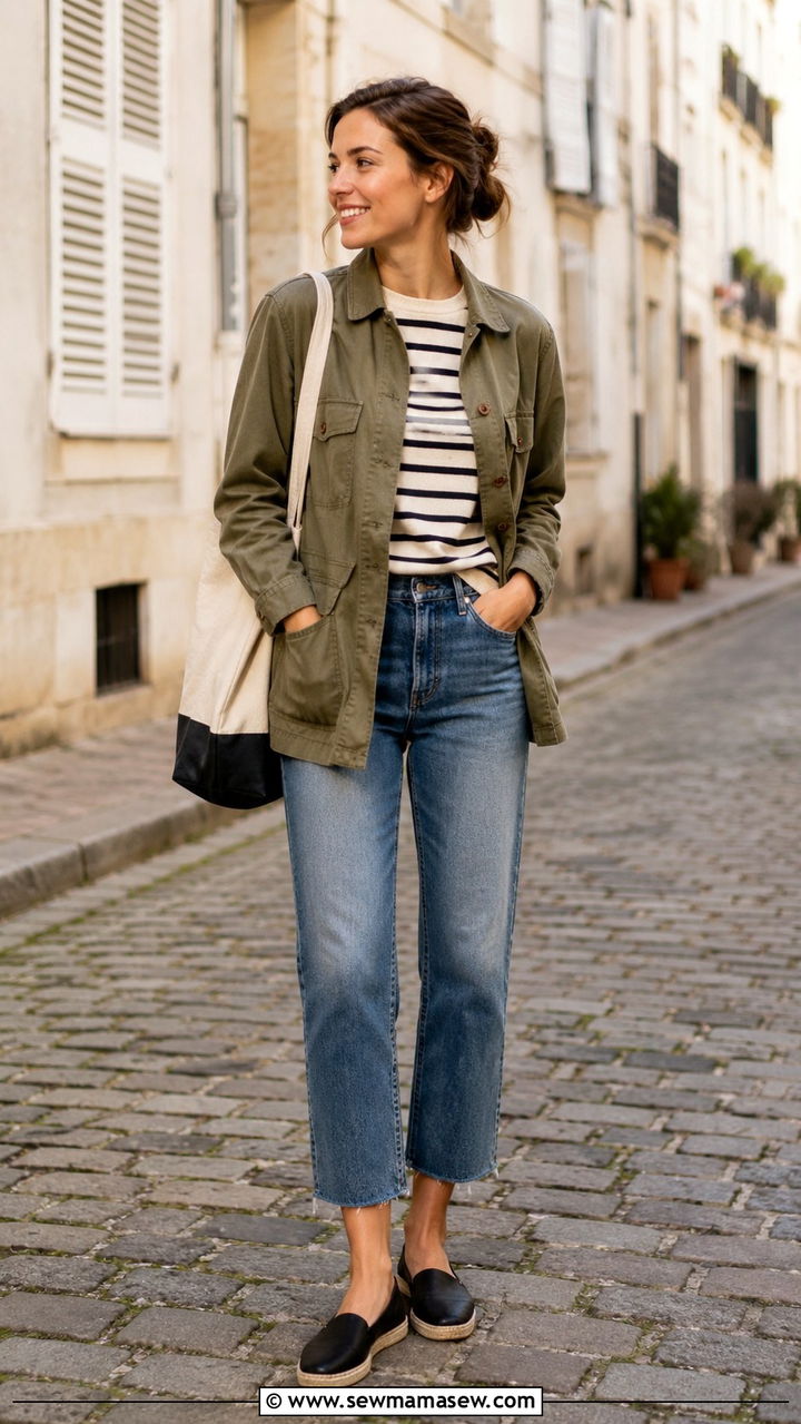 Utility jacket with a striped Breton top and cropped jeans - 30 spring utility jacket outfit ideas