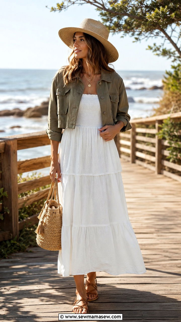 Utility jacket with a tiered maxi dress - 30 spring utility jacket outfit ideas