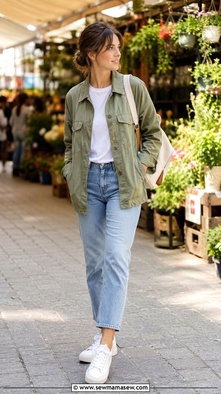 Utility jacket with a white tee and cropped jeans - 30 Spring capsule wardrobe