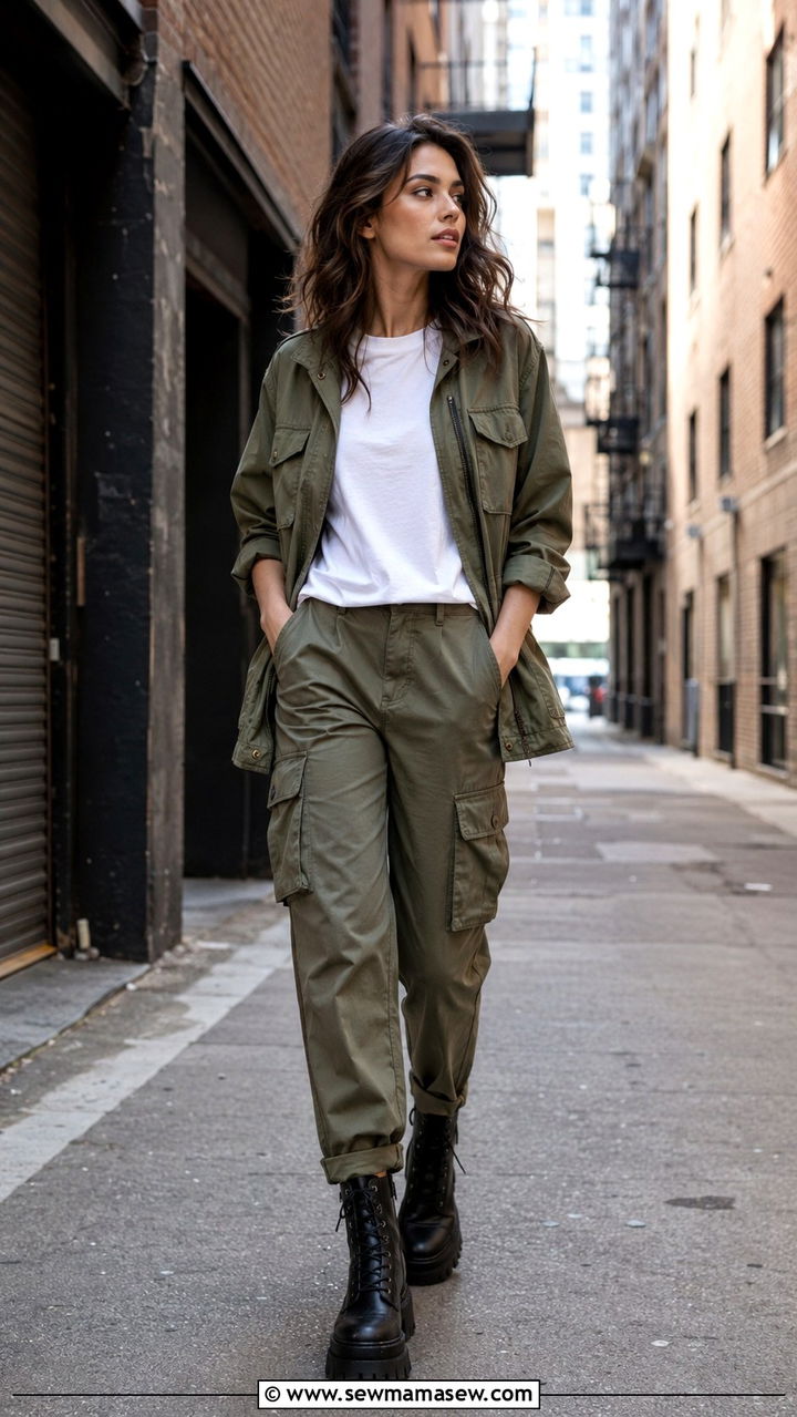 Utility jacket with cargo pants and chunky boots - 30 Rainy day weekend outfit ideas