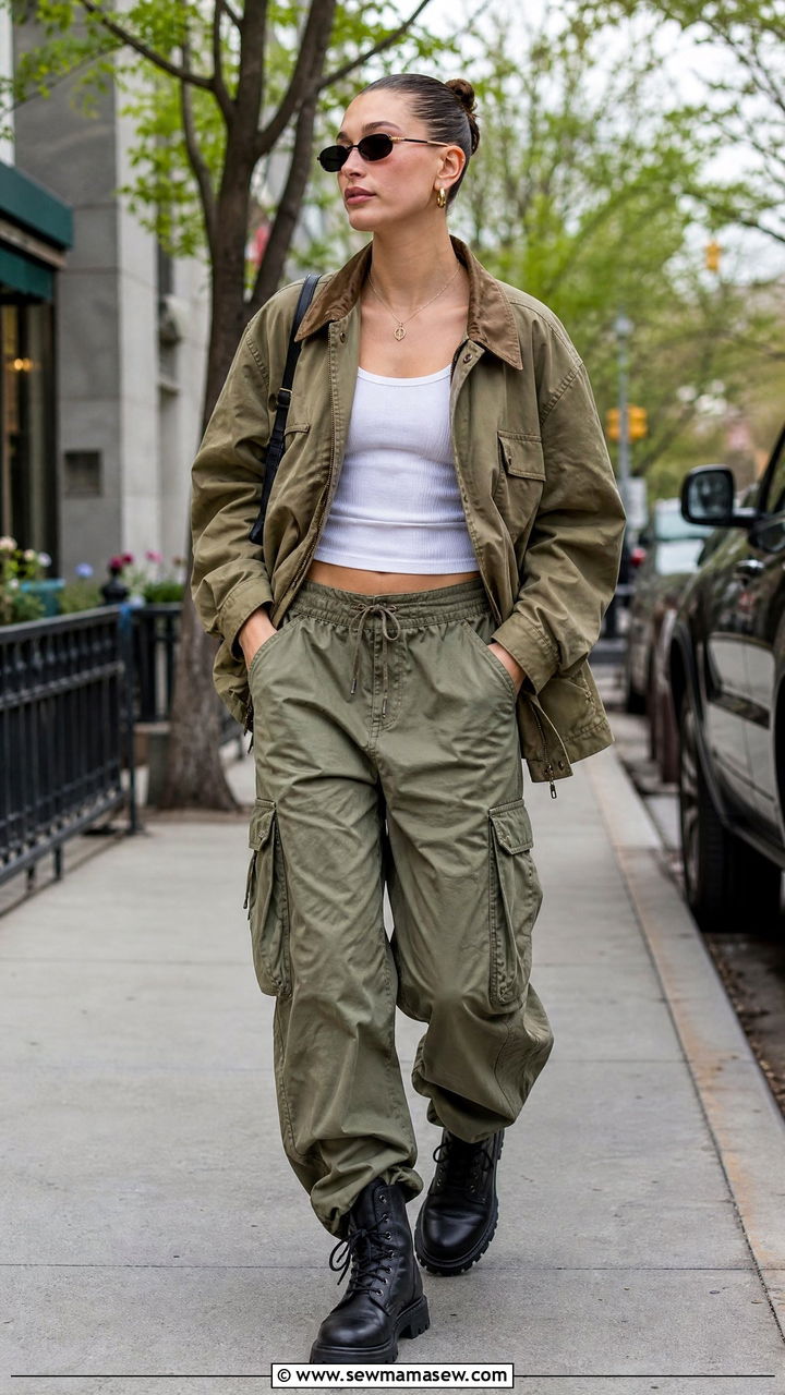Utility jacket with cargo pants and chunky boots - 35 Hailey Bieber spring outfit ideas
