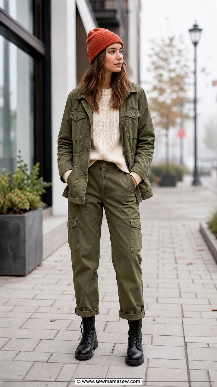 Utility jacket with cargo pants and combat boots - 25 Foggy day outfit ideas