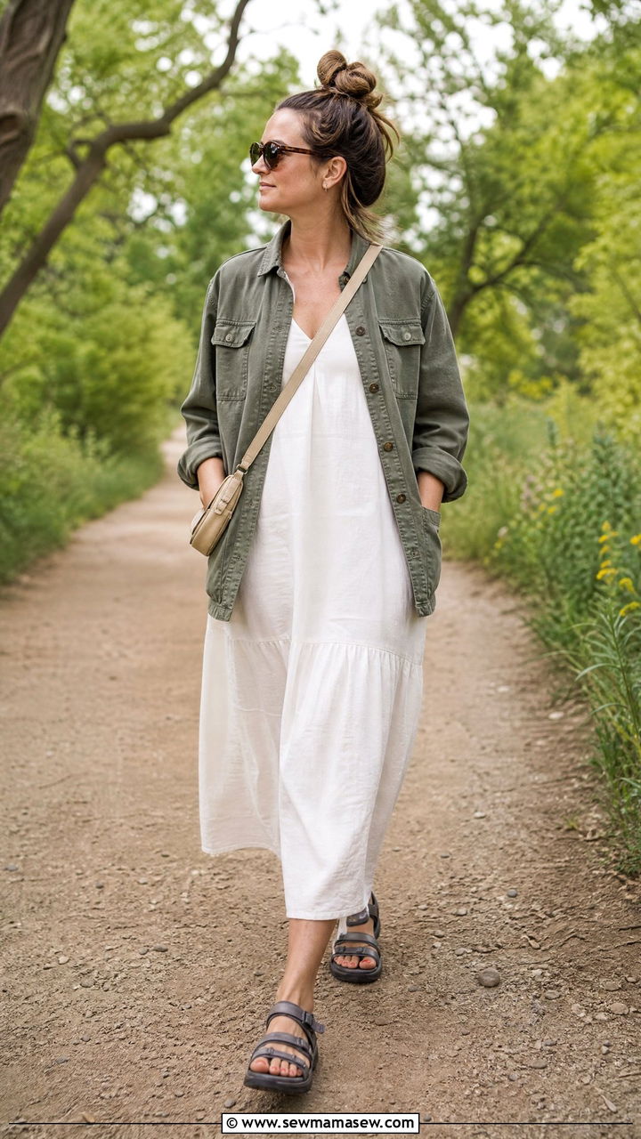 Utility jacket with cotton maxi dress and hiking sandals - 30 Maxi dress outfit ideas with a jacket