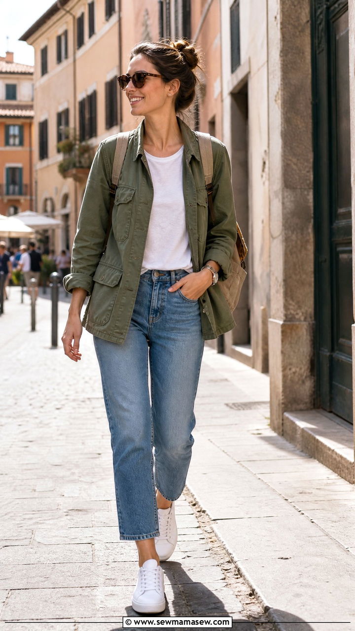 Utility jacket with cropped jeans and white sneakers - 25 casual Italy outfits