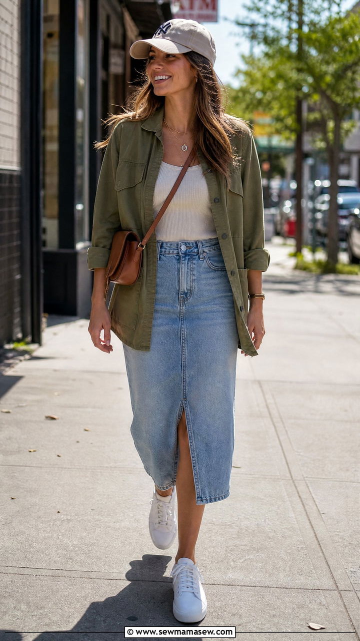 Utility jacket with denim skirt and sneakers - 30 Summer outfits with utility jackets