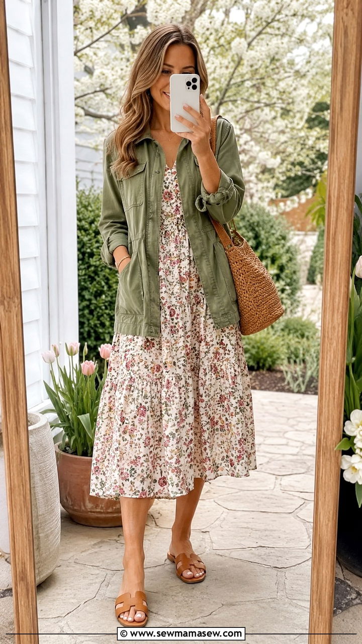 Utility jacket with floral dress - 30 Spring outfits with utility jackets