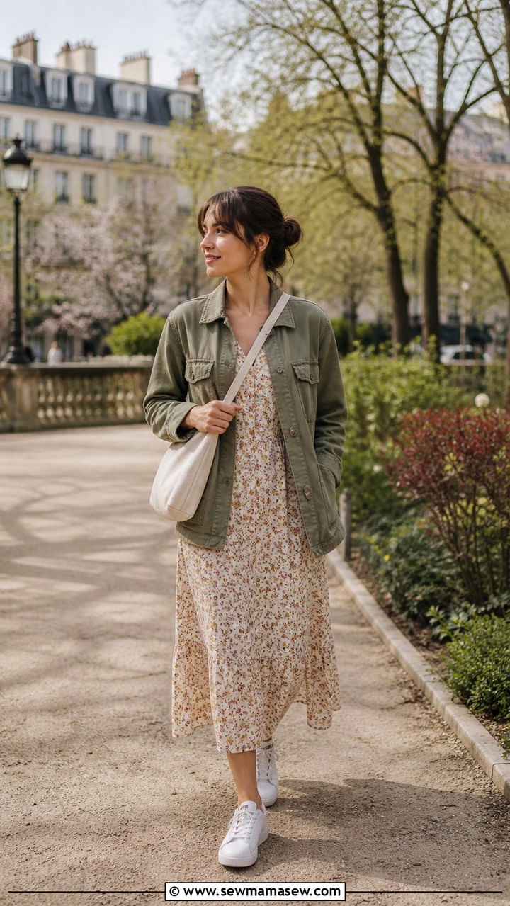 Utility jacket with floral midi dress outfit - 40 Paris outfits