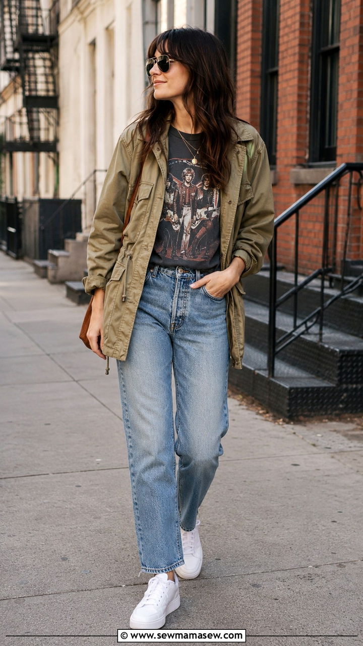 Utility jacket with graphic tee - 30 Spring outfits with utility jackets
