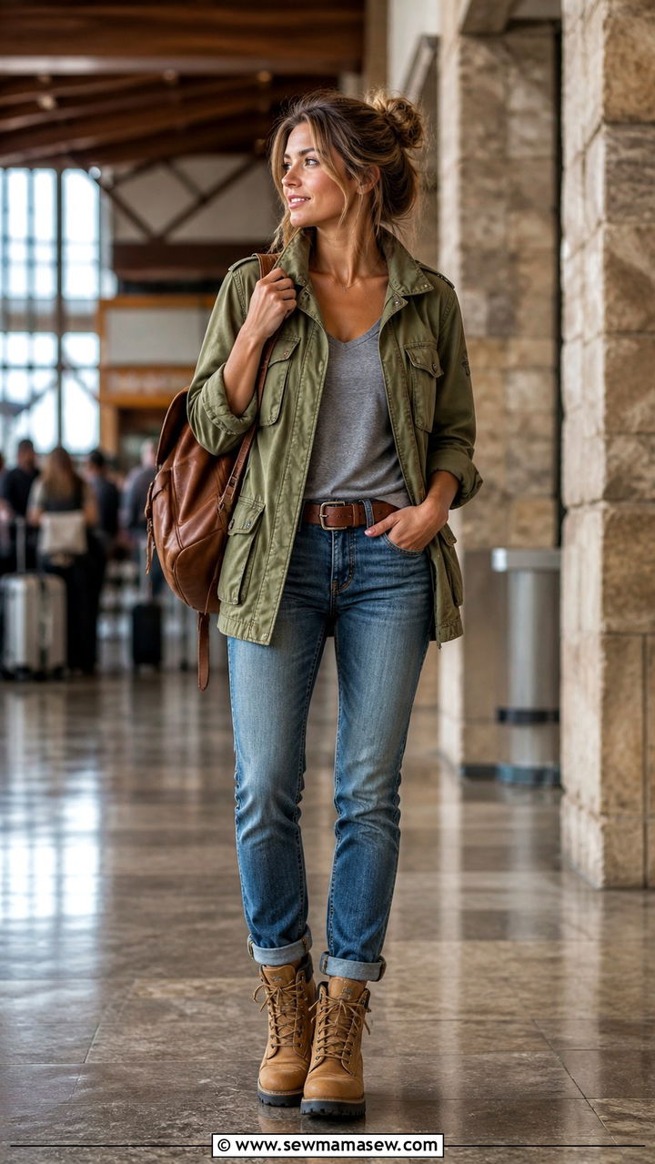 Utility jacket with grey top medium wash jeans and hiking boots - 40 travel outfits