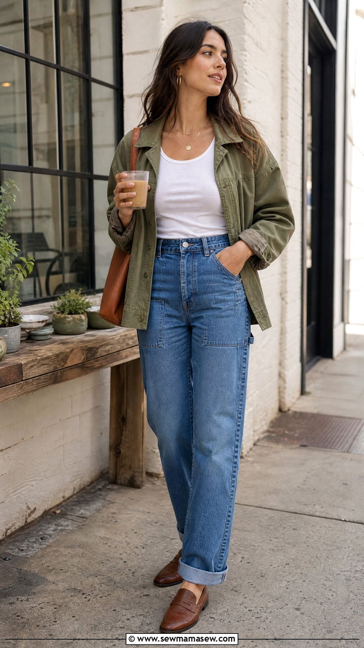 Utility jacket with high waisted carpenter jeans and loafers - 30 High waisted jeans outfit ideas with loafers