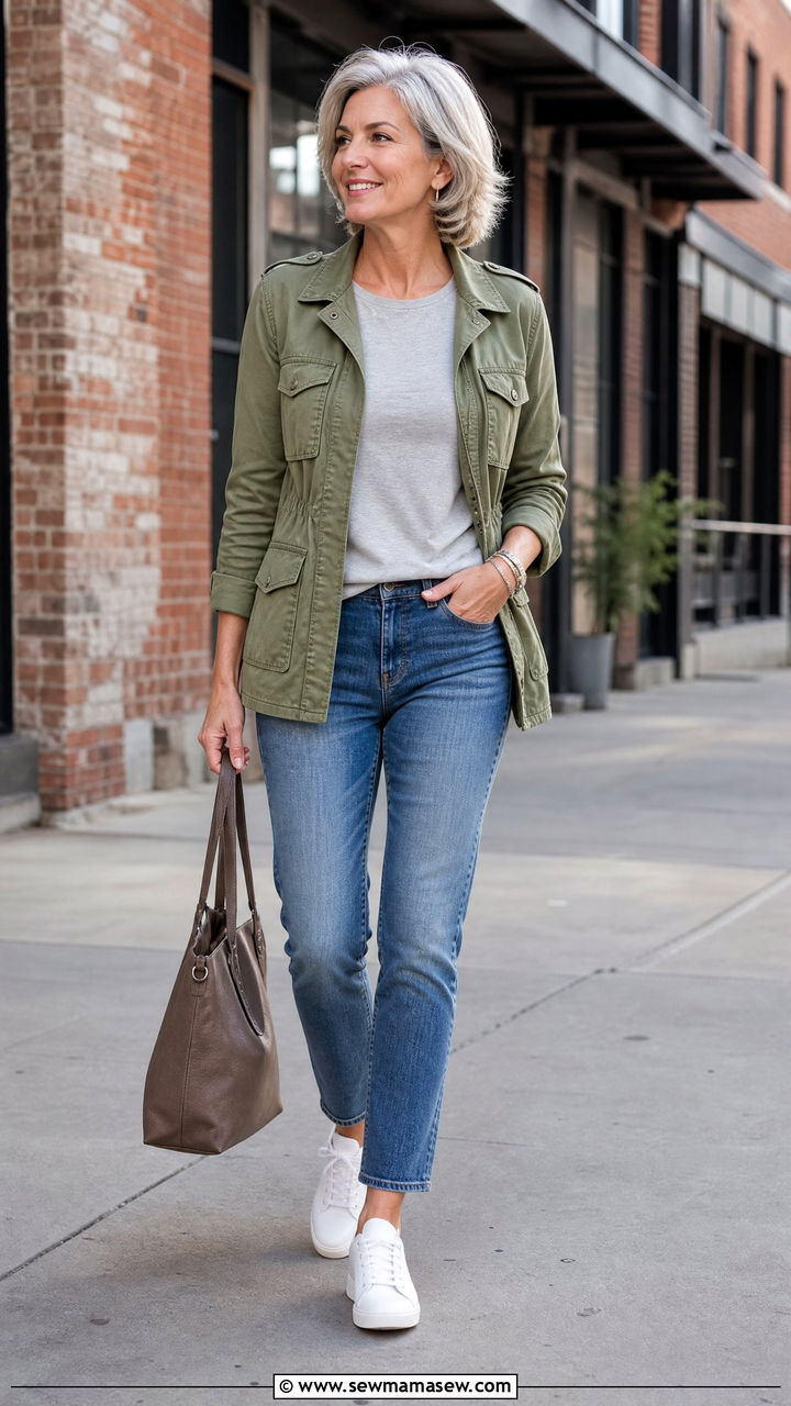 Utility jacket with jeans and sneakers outfit - 35 Jeans and sneakers outfit ideas over 50