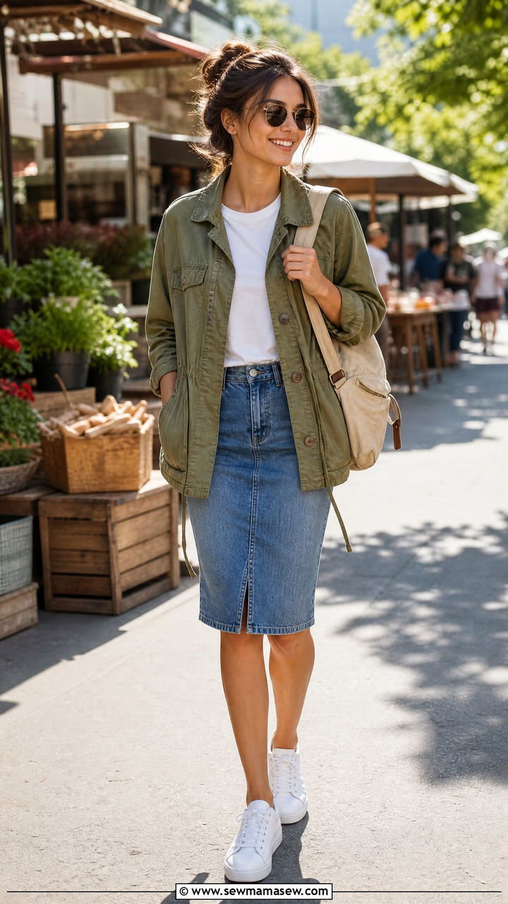 Utility jacket with knee length denim skirt outfit - 25 classy denim skirt outfits