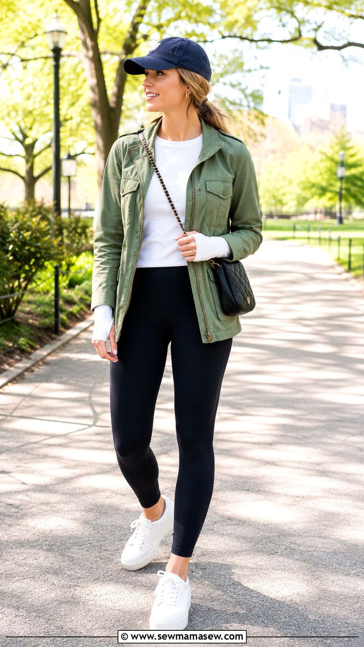 Utility jacket with leggings and sneakers - 30 Spring travel capsule wardrobe