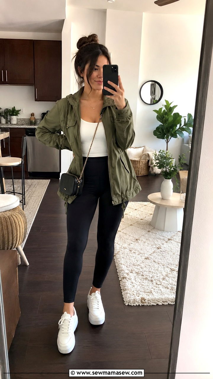Utility jacket with leggings and sneakers - 30 Petite outfit ideas tips
