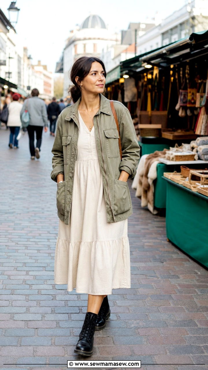 Utility jacket with midi dress and combat boots - 40 London outfit ideas