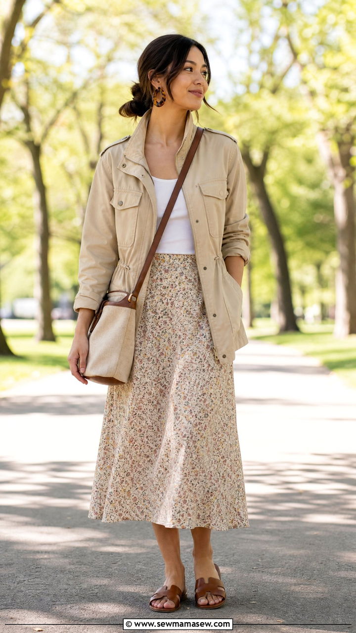 Utility jacket with midi skirt - 25 Petite outfit ideas spring 2026