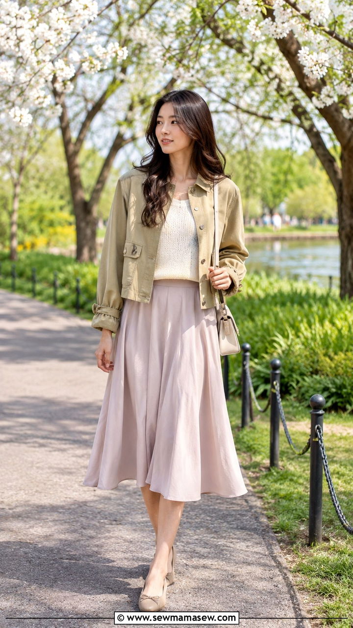 Utility jacket with midi skirt and ballet flats - 30 Spring outfits with utility jackets