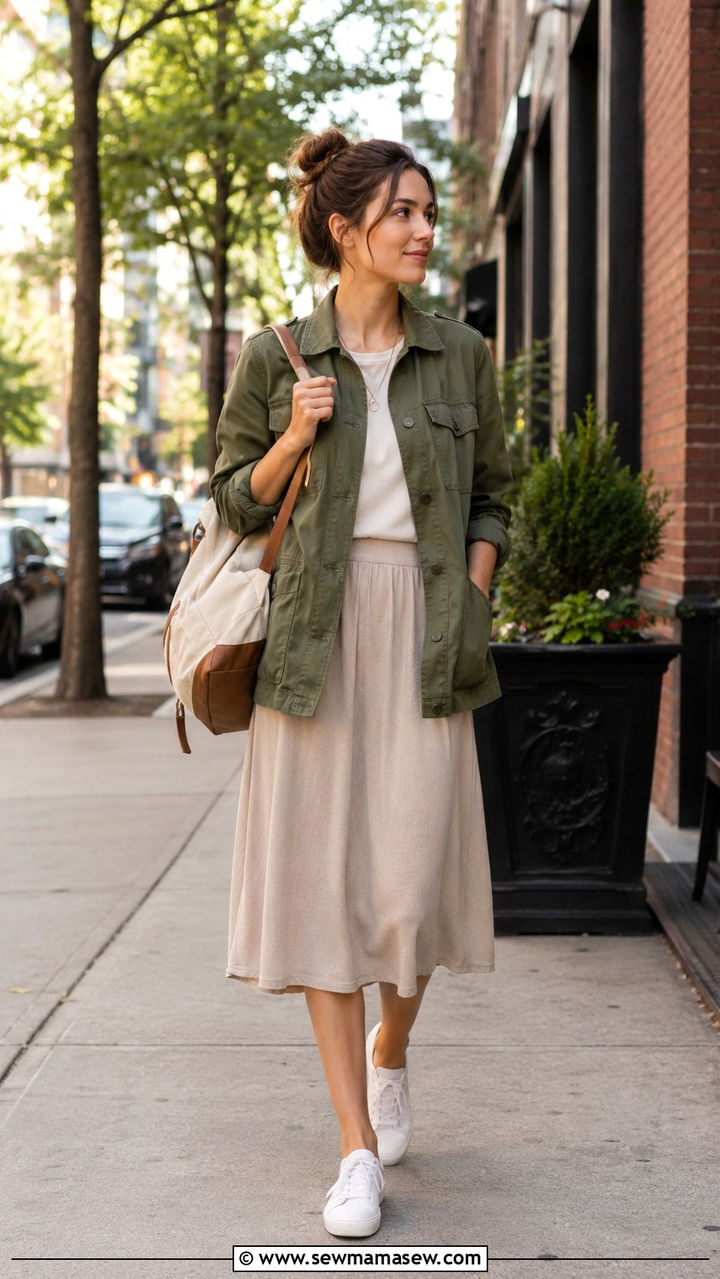 Utility jacket with midi skirt and white sneakers - 20 Low key spring outfit ideas 2026