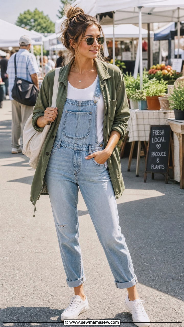 Utility jacket with overalls and sneakers - 30 Summer outfits with utility jackets