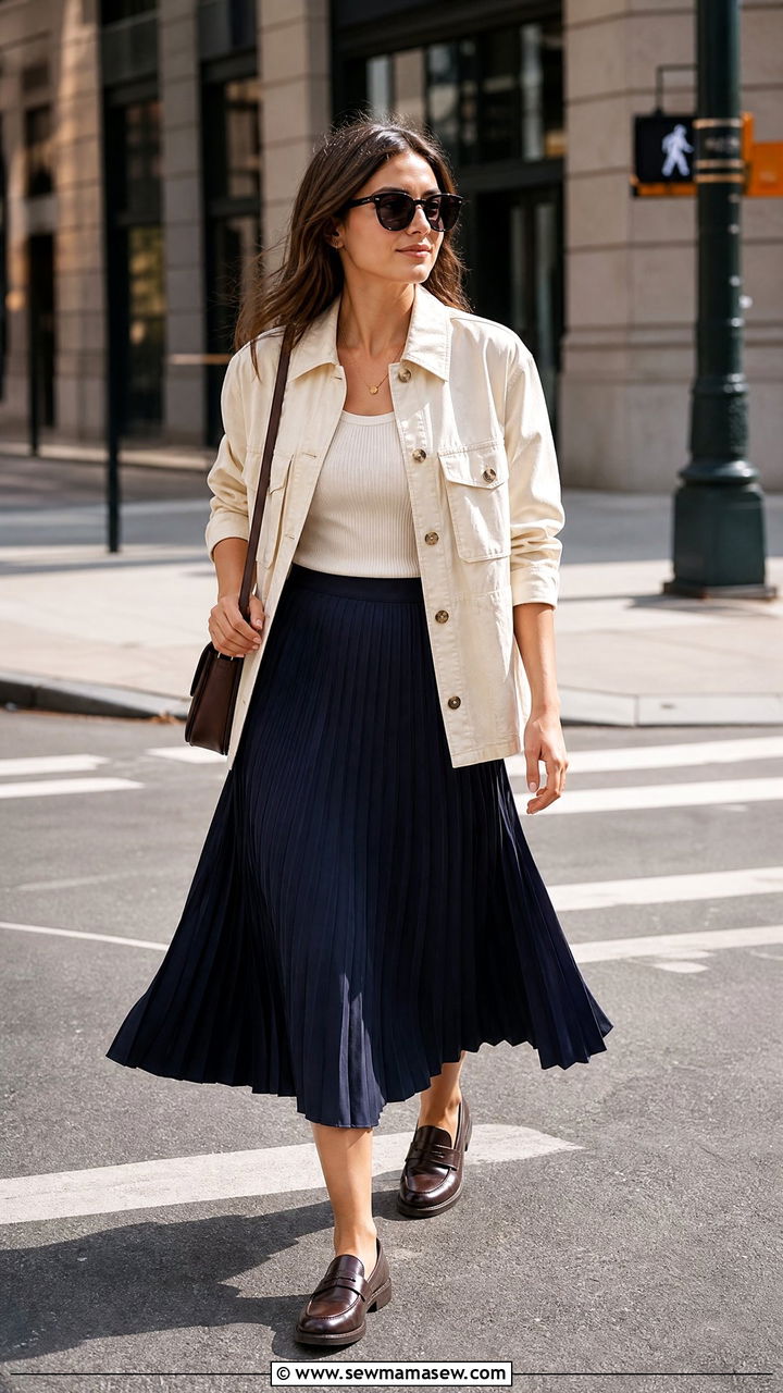 Utility jacket with pleated midi skirt and loafers - 30 Summer outfits with utility jackets