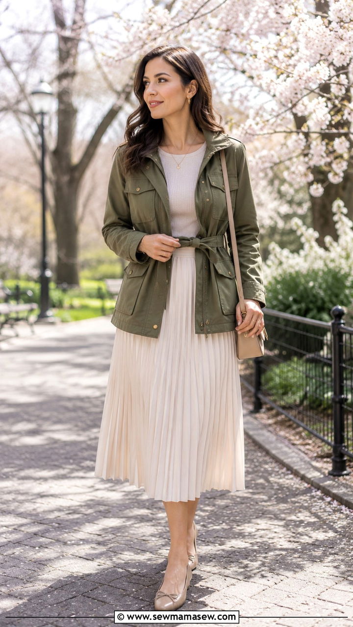 Utility jacket with pleated skirt - 30 Spring outfits with utility jackets
