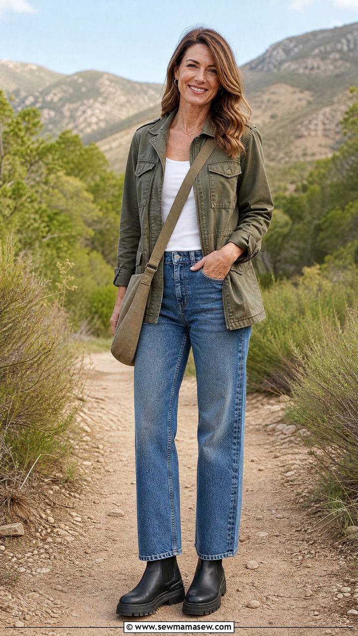 Utility jacket with relaxed straight jeans - 35 Jeans outfit ideas for women over 40